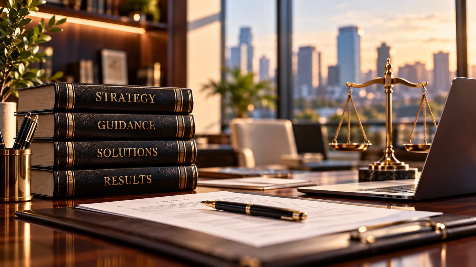 Law books titled Strategy, Guidance, Solutions, and Results on a desk beside a laptop, a signed document, and gold scales of justice