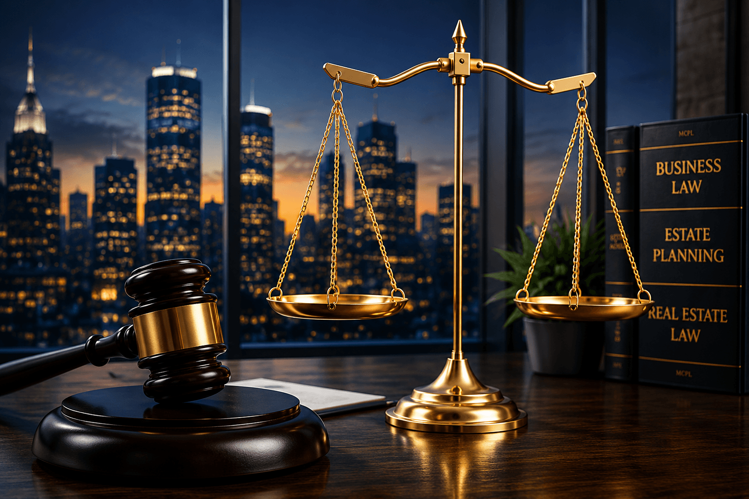 Scales of justice and gavel on a desk with law books labeled Business Law, Estate Planning, and Real Estate Law, city skyline at dusk in the background