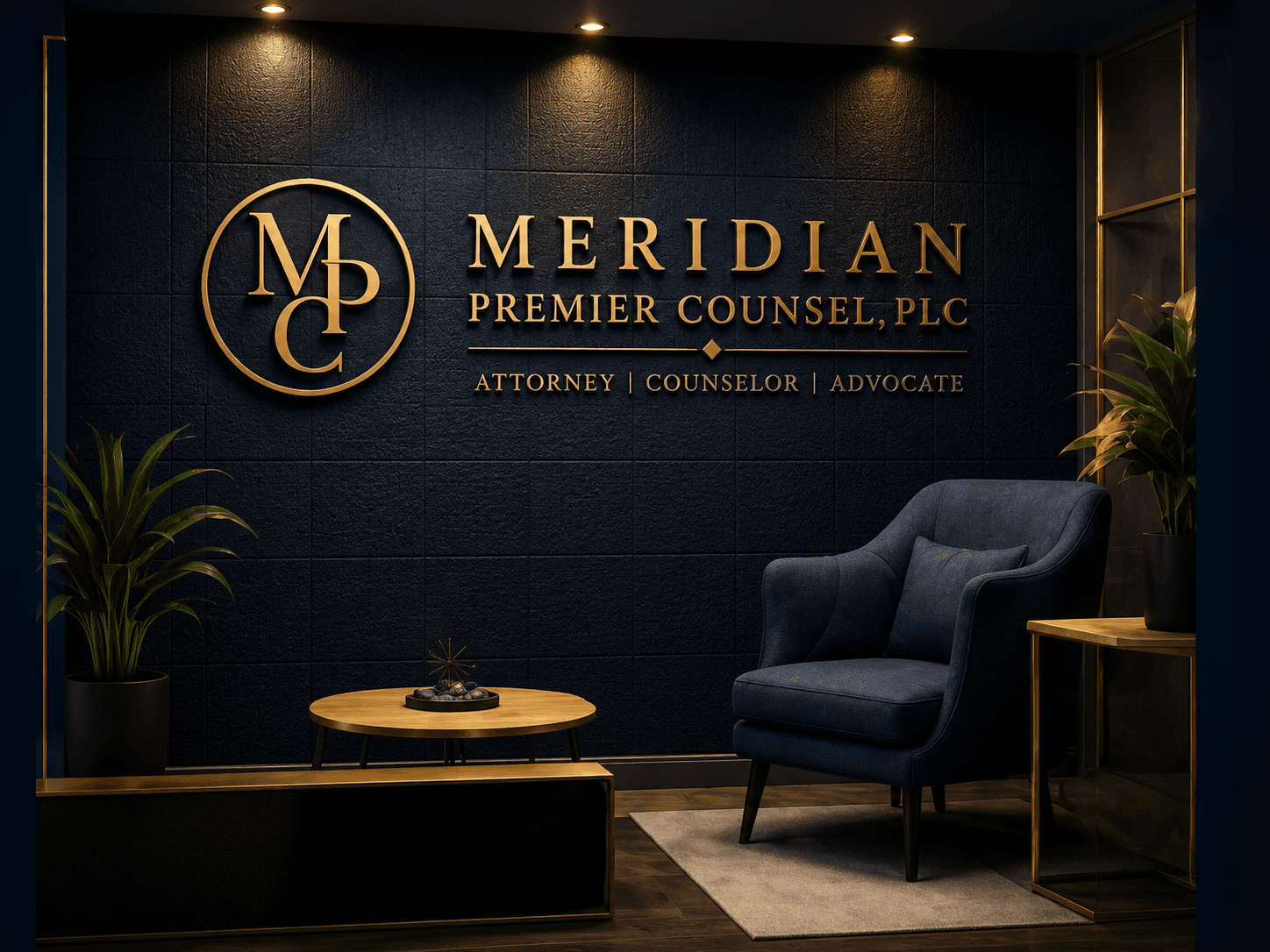 Meridian Premier Counsel, PLC reception area with the firm's gold monogram logo on a navy wall