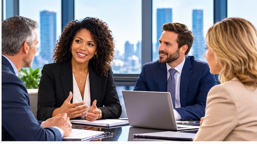 Four business professionals in discussion around a conference table with a laptop, in a meeting room overlooking a city skyline.