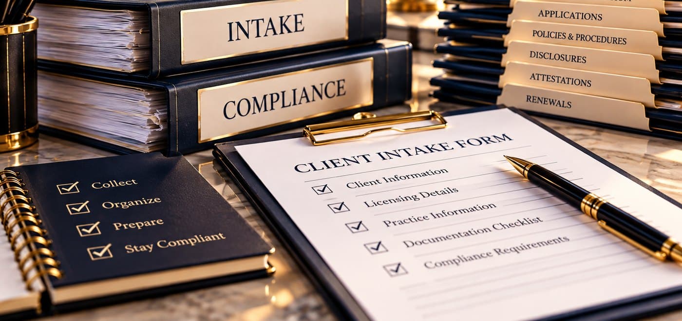 Binders labeled Intake and Compliance beside tabbed folders for applications, policies and procedures, disclosures, attestations and renewals, with a client intake form and pen on a marble desk.