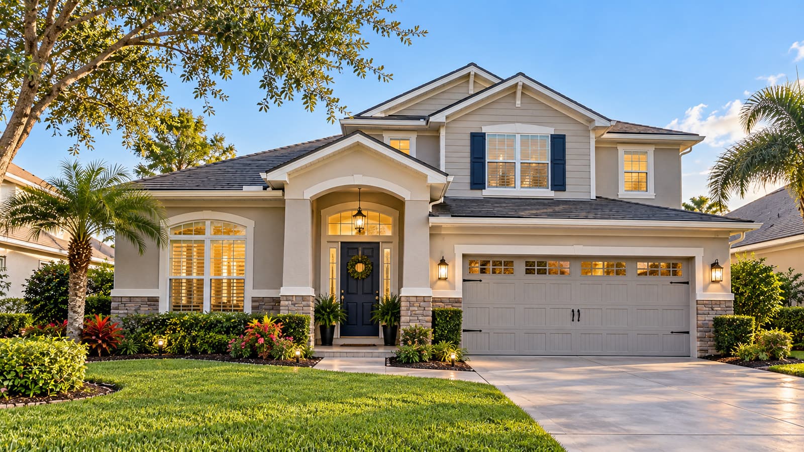 A two-story suburban home with a beige-gray exterior, navy front door, two-car garage, and landscaped front lawn in afternoon light.